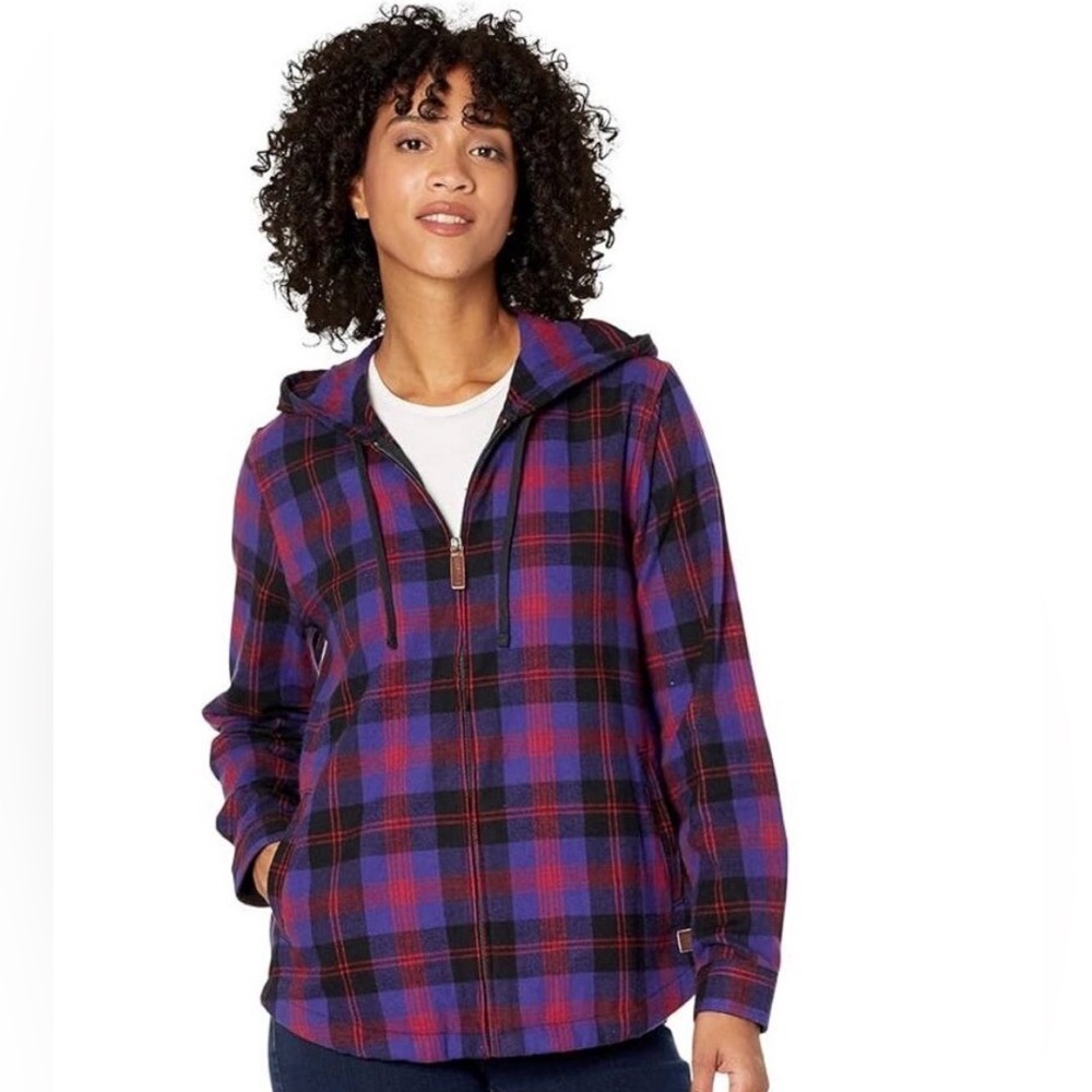 L.L. Bean Women’s Plaid Full Zip Jacket - Purple and Red, Size Medium Tall